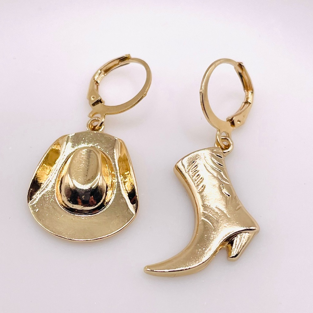 Gold Mismatched Cowboy Boot Hat Huggie Hoop Earrings